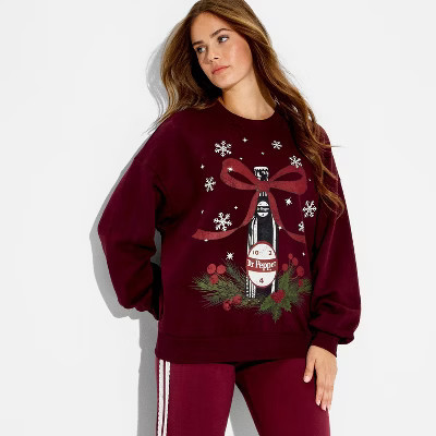 Women's Dr Pepper Bow Fleece Graphic Sweatshirt - Burgundy XXS | Target
