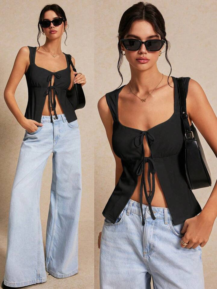 SHEIN Frenchy Plus Size Simple Solid Women's Centre Front Lace Up Tank Bow Top, Knitted Lace Up T... | SHEIN