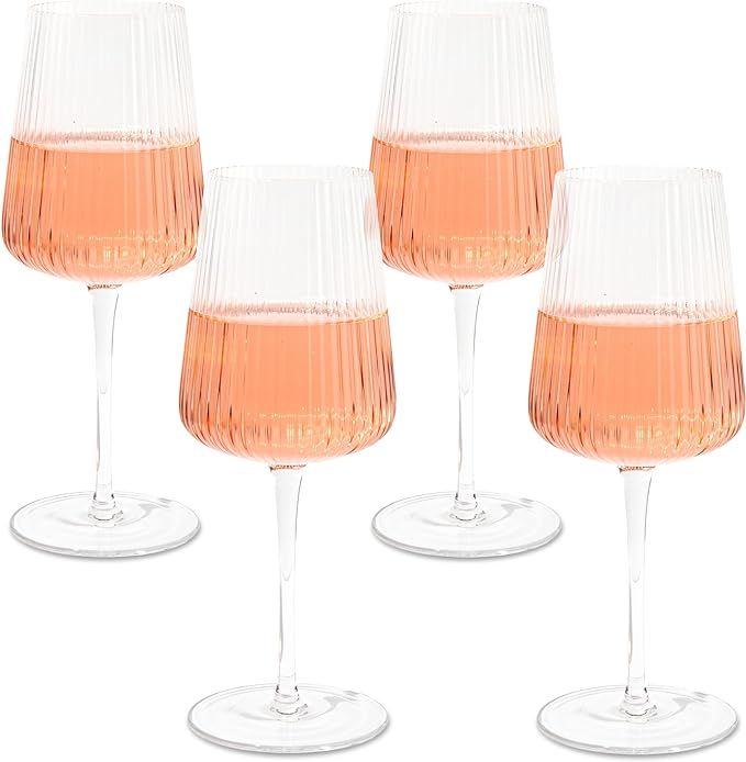 Crutello Modern Wine Glasses 17 oz Glassware, Set of 4, Unique Fluted Glassware with Vintage Ripp... | Amazon (US)