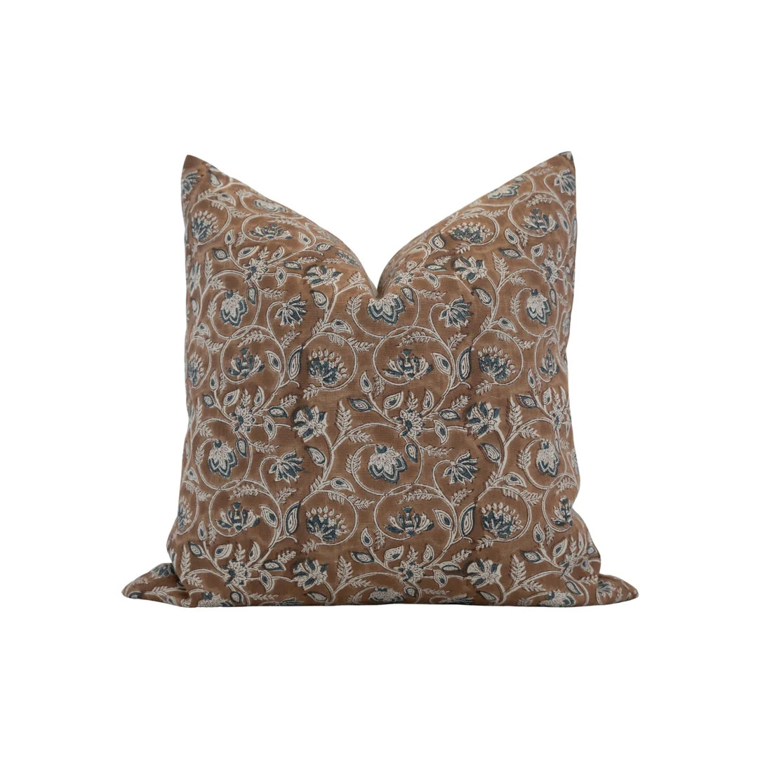 CLEO Brown and Blue Floral Pillow Cover Block Print Pillow Farmhouse Pillow Moody Floral Pillow B... | Etsy (US)