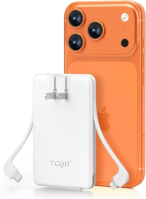 TG90° 5000mAh Small Portable Charger Built in AC Wall Plug and Cables, Card Size Power Bank with... | Amazon (US)