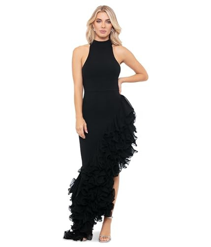 Betsy & Adam Women's Sleeveless High Neck Ruffle Detail Asymmetrical Hem Dress, Black | Amazon (US)