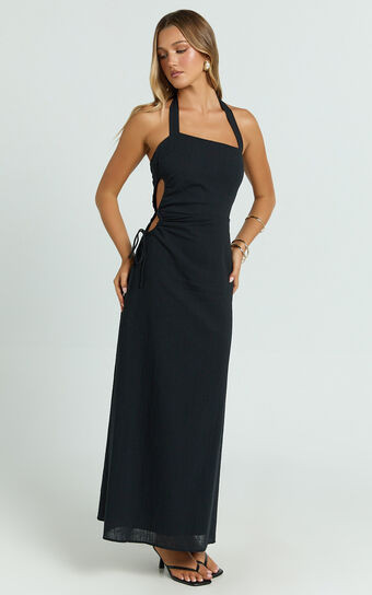 Myra Maxi Dress - Halter Ruched Side Dress in Black | Showpo (US, UK & Europe)