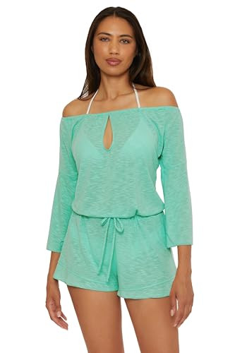 BECCA Breezy Basics - Women's Off Shoulder Romper, Casual, Beach Cover Ups for Women, Aqua Sea, Large | Amazon (US)
