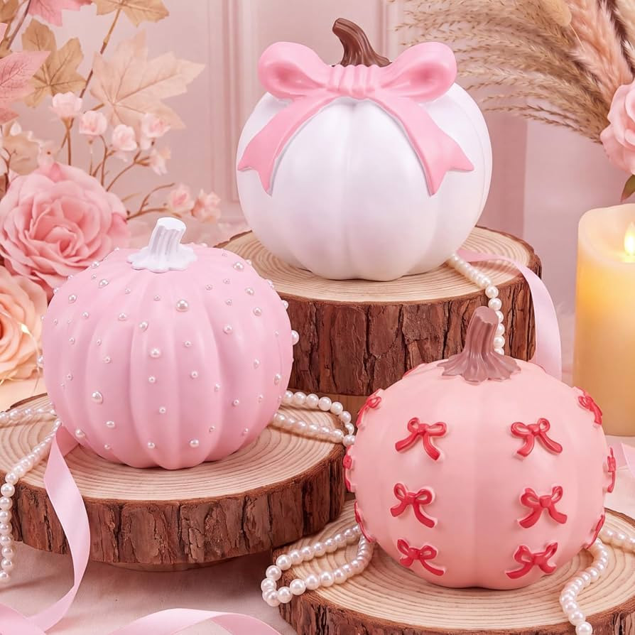Gerrii 3 Pcs Pink Fall Pumpkin Decor 4 Inch Coquette Bow Artificial Pumpkin | Amazon (US)