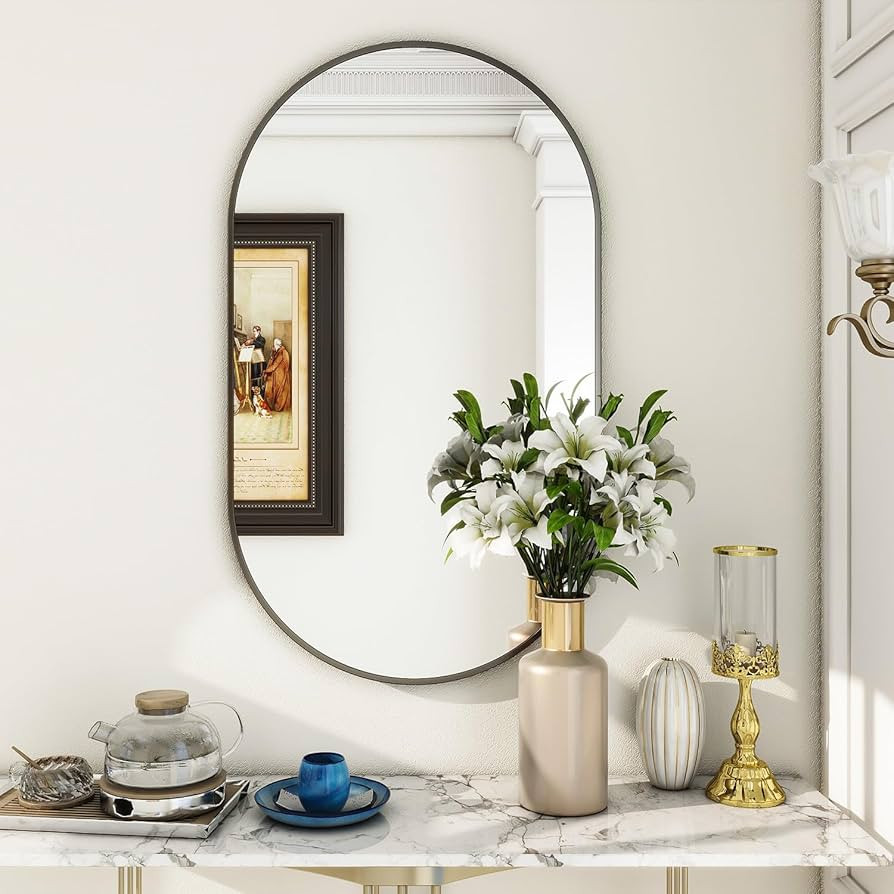 BEAUTYPEAK Wall Mounted Mirror, 22"x38" Oval Bathroom Mirror, Black Vanity Wall Mirror w/Metal Fr... | Amazon (US)
