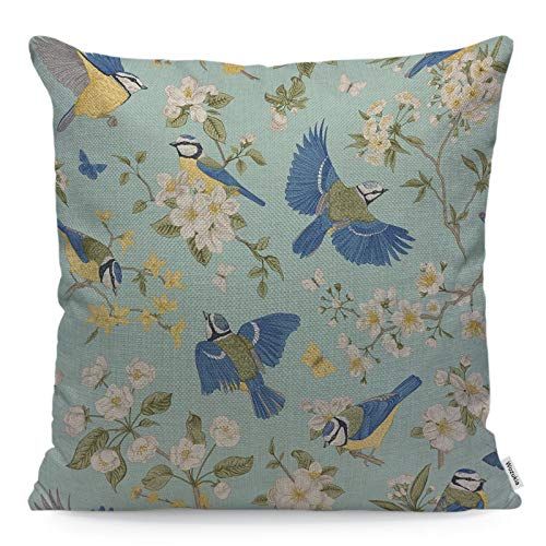 Wozukia Tits and Blooming Trees Throw Pillow Cover Blue Birds and White Flowers Chinoiserie Vintage  | Amazon (US)