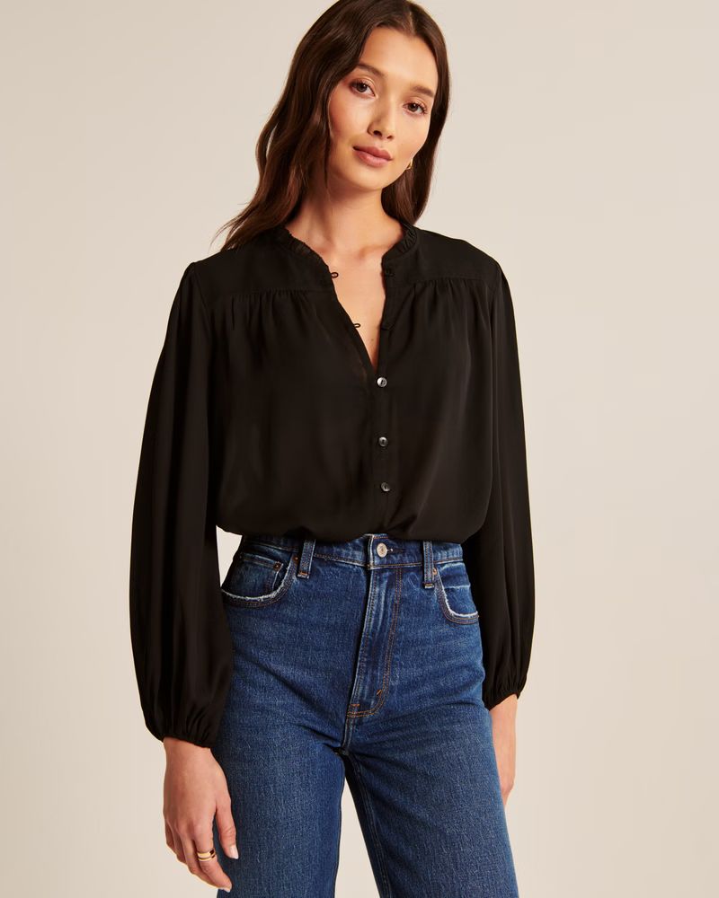 Long-Sleeve Sheer Button-Through Top | Abercrombie & Fitch (US)
