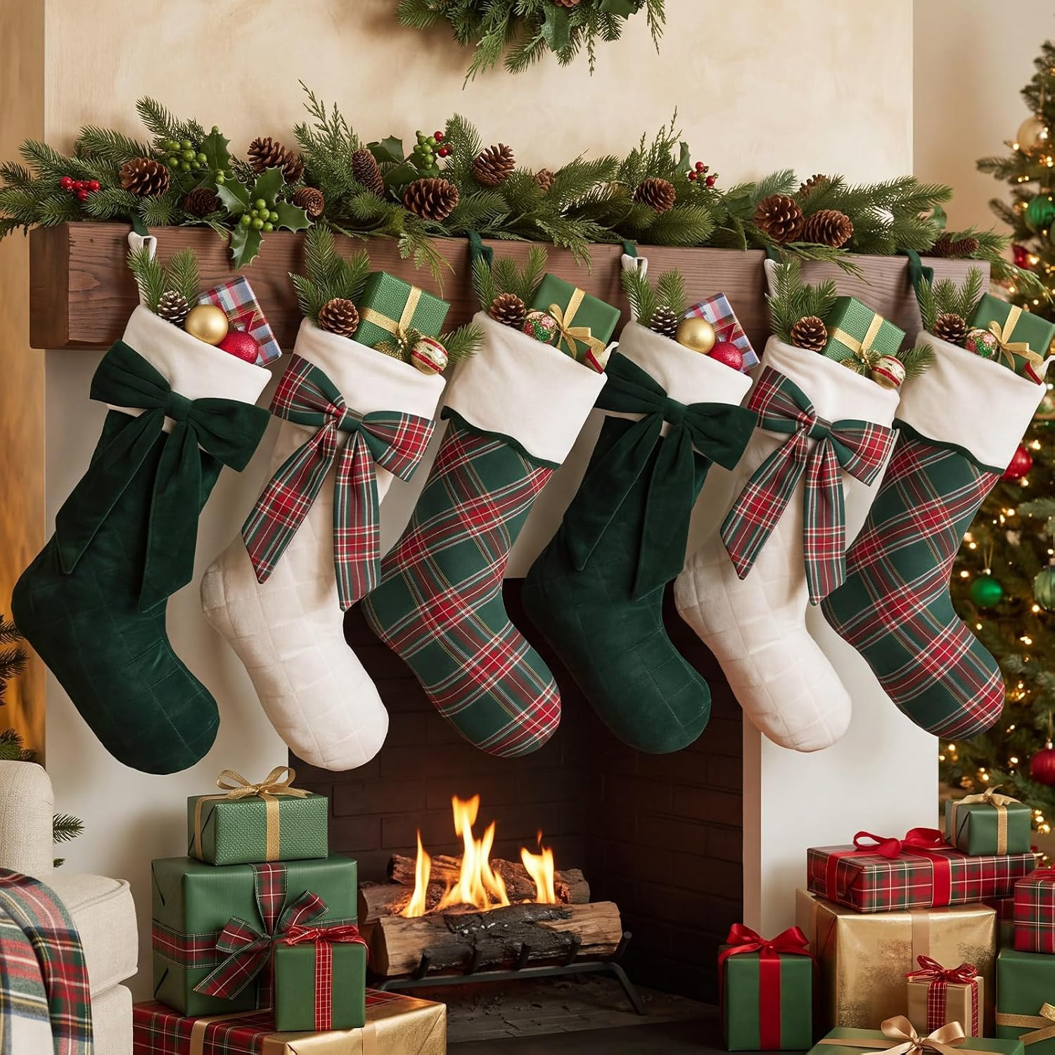 6 Pcs Tartan Plaid Christmas Stockings, 19 Inch Large with Velvet Bow | Amazon (US)