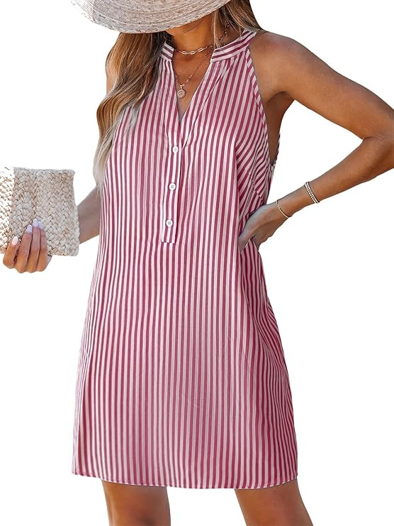 CUPSHE Womens Summer Dresses V Neck Sleeveless Striped Button Up Mini Casual Coverup Dress | Amazon (US)