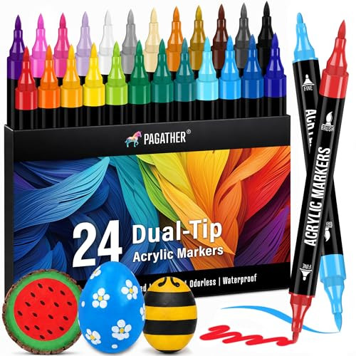Pagather 24 Colors Acrylic Paint Markers, Dual Tip with Fine Tip and Brush Tip Pens for Fabric, S... | Amazon (US)