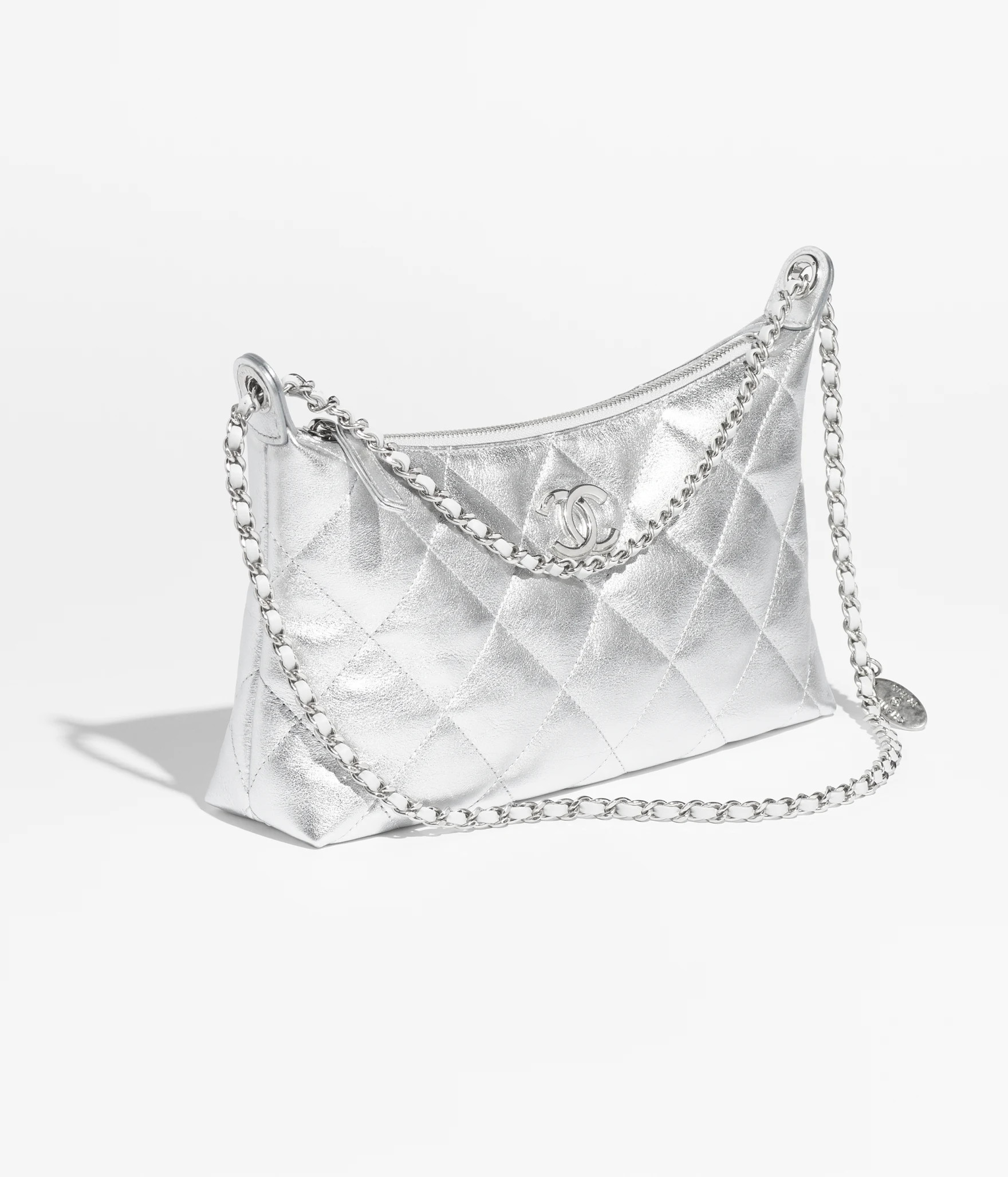 Hobo handbag, Metallic calfskin & silver-tone metal, silvery — Fashion | CHANEL | Chanel, Inc. (US)
