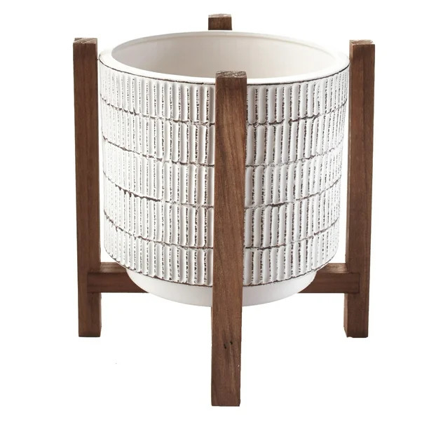 Ceramic Planter on Wood Stand - Indoor/Outdoor Decorative Pot - White - Walmart.com | Walmart (US)