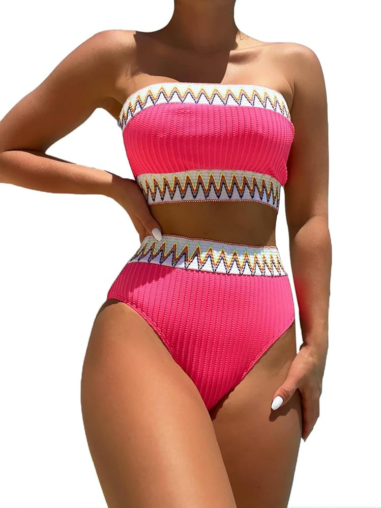 HYTENSUN Women's Bandeau High Waisted Bikini Patchwork Strapless Ribbed Swimsuits Two Piece Bathi... | Amazon (US)