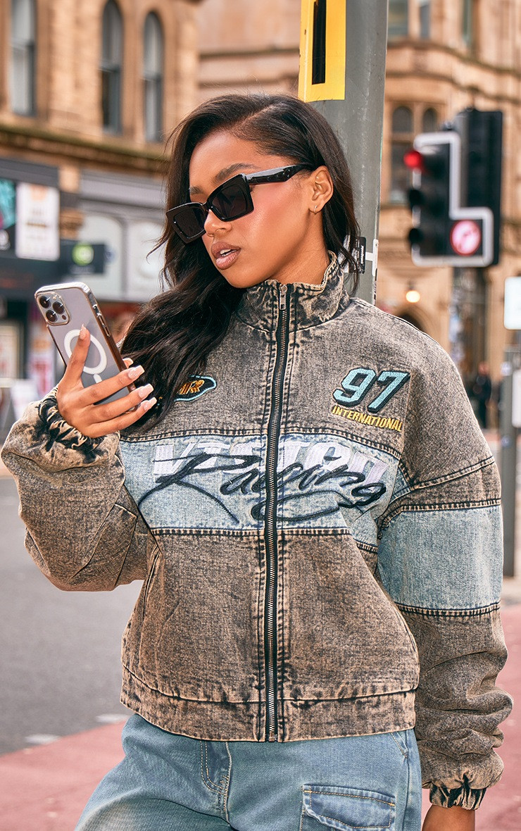 Washed Grey Cropped Zip Up Denim Racing Jacket | PrettyLittleThing US