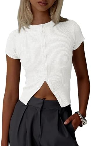 Imily Bela Womens Short Sleeve Sweater Tops Summer Button Down Casual Ribbed Knit Slim Fit Croppe... | Amazon (US)