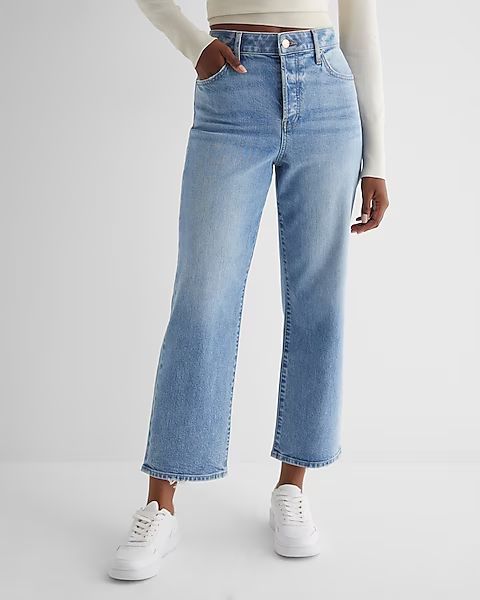 High Waisted Light Wash Relaxed Straight Ankle Jeans | Express