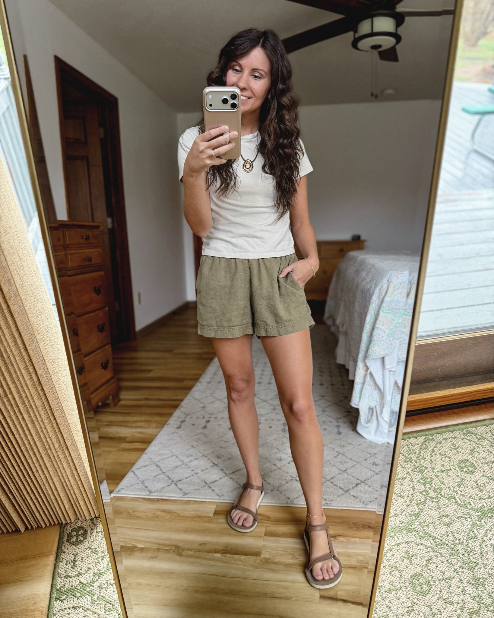 small in my tee and xxs in my linen shorts (run big—I sized down. I also own them in rust color). My Teva sandals are size 6. This necklace is such a fun statement piece! 

#LTKootd #LTKPetite #LTKSeasonal