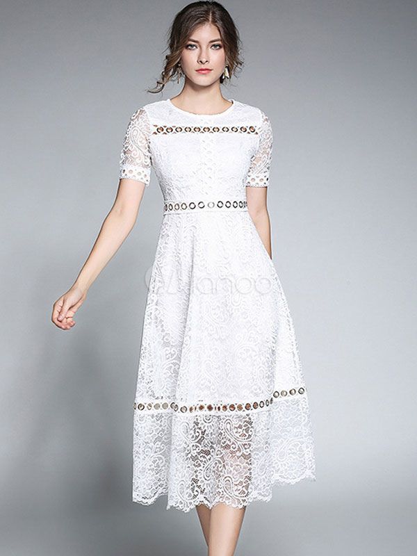 White Lace Dress Round Neck Short Sleeve Cut Out Women's Long Dresses | Milanoo