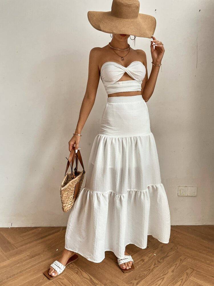 SHEIN Tall Twist Front Cut Out Tube Top & Ruffle Hem Skirt | SHEIN