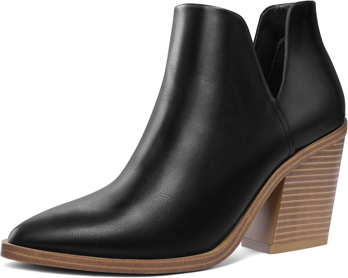 mysoft Women's Ankle Boots Slip on Cutout Pointed Toe Chunky Stacked Mid Heel Booties | Amazon (US)