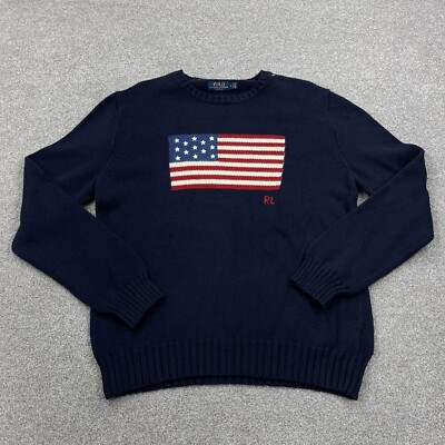 Polo Ralph Lauren Sweater Men Large Blue Heavy Knitted Big American Flag USA | eBay US