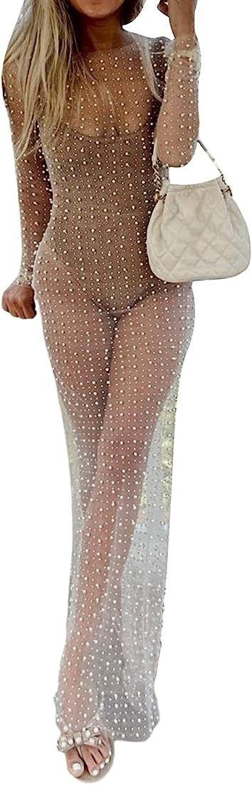 Chloefairy Women's Rhinestone Mesh Dress Pearl Cover Up Dress Sexy Sheer Coverups for Swimwear Bi... | Amazon (US)
