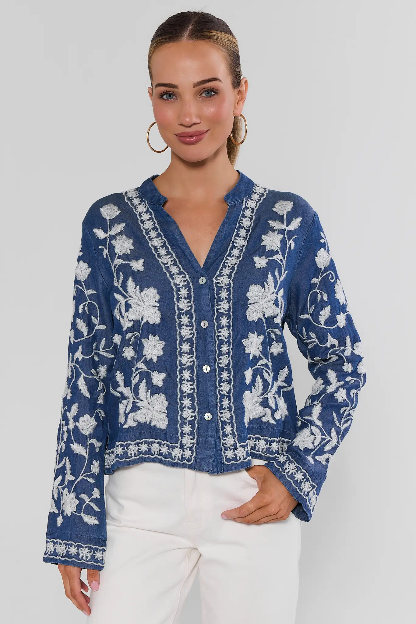 Chambray Embroidered Button Up Top | Avara