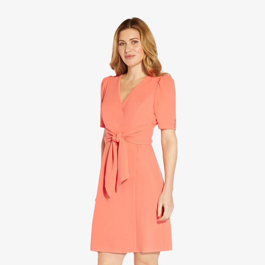 Crepe Tie-Front A-Line Short Wrap Dress In Peach Blossom | Adrianna Papell