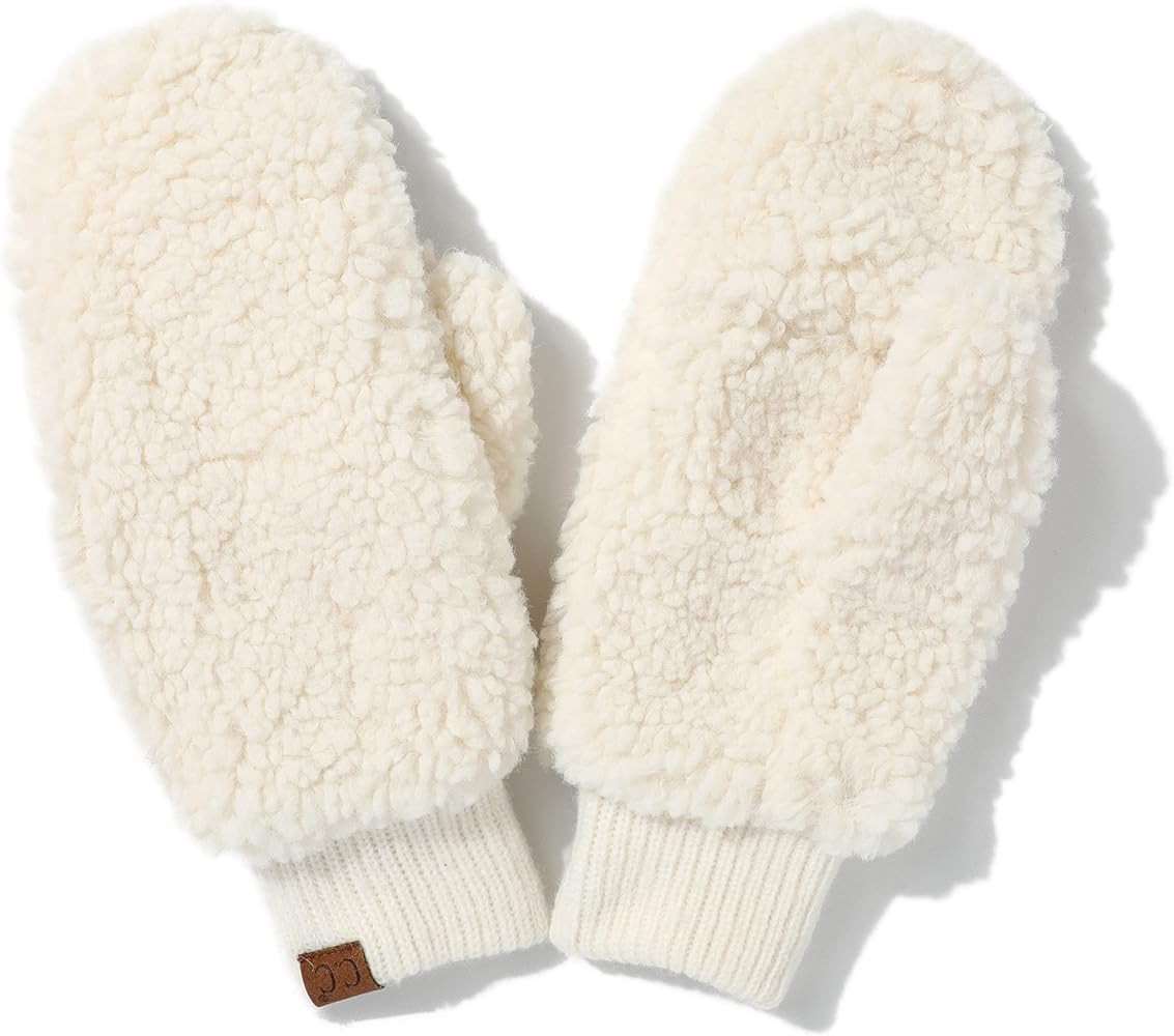 C.C Sherpa Cuff Beanie Hat Suede Logo and Sherpa Mitten Gloves (HAT-008,MT-008) | Amazon (US)