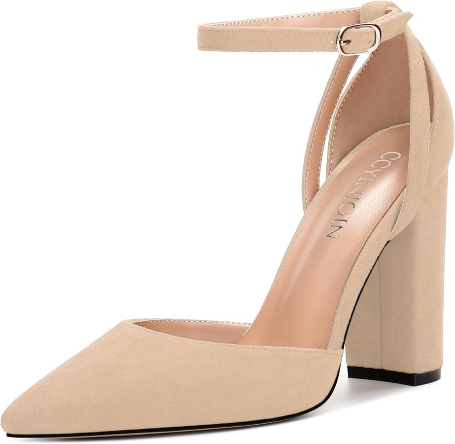 Pointed Toe Pumps - Fashion Ankle Strap Closed Toe Heels, Chunky Heels for Women | Amazon (US)