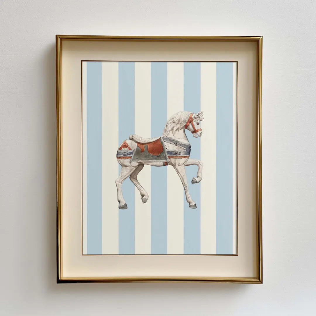 Vintage Horse Art Print, Antique Nursery Wall Art, Horse Nursery, Cottagecore Nursery,blue Stripe... | Etsy (US)
