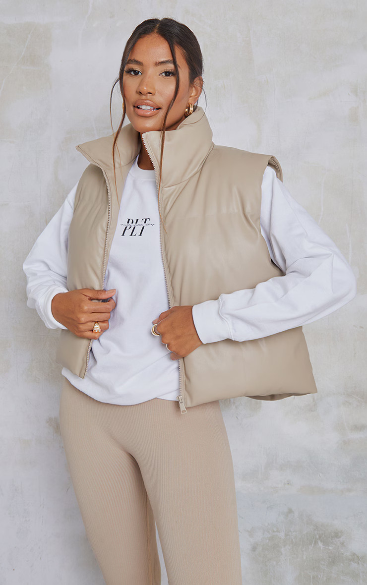 Truffle Faux Leather Drop Hem Vest | PrettyLittleThing US