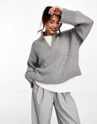 ASOS DESIGN relaxed jumper with zip collar in grey | ASOS (Global)