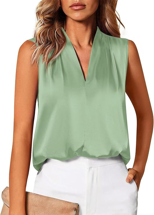 BTFBM Tank Top for Women 2026 Summer Spring Silk Satin V Neck Pleated Sleeveless Work Blouses Bus... | Amazon (US)