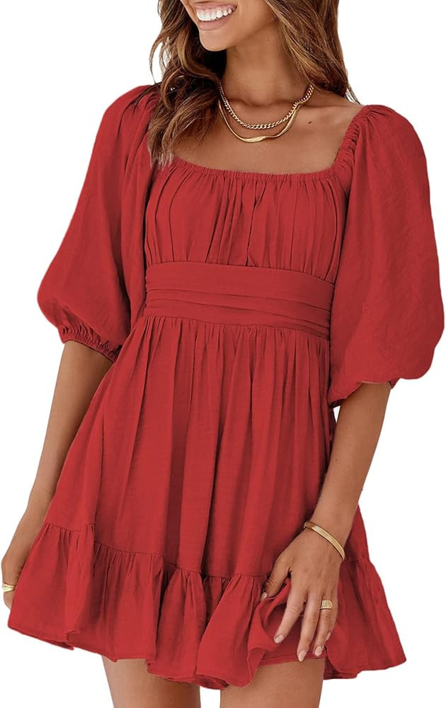 Dokotoo Womens Square Neck Summer Dress Tie Back Long Lantern Sleeve Ruffle A-Line Casual Mini Dress | Amazon (US)