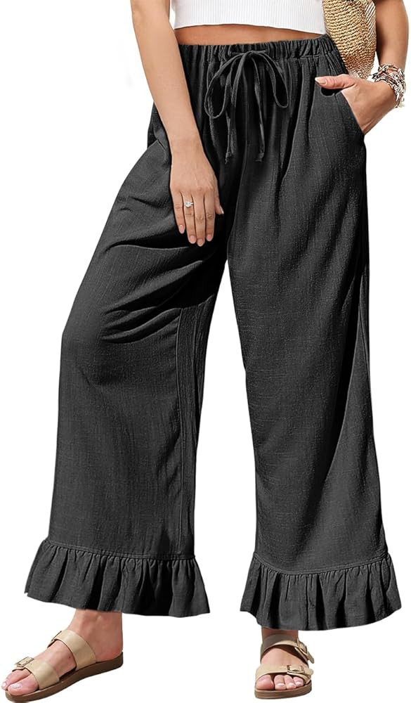 TARSE Women’s Linen Casual Pants Flared Leg Wide Leg Drawstring Ruffle Harem Palazzo Pants with... | Amazon (US)
