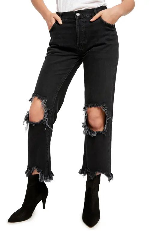 Free People We the Free Maggie Distressed Straight Leg Jeans in Washed Black at Nordstrom, Size 24 | Nordstrom