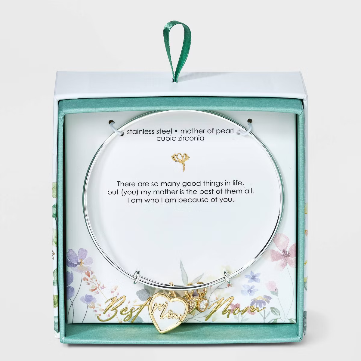 Stainless Steel with Gold Dipped Two Tone "Mom" Mother of Pearl Heart Cubic Zirconia Bangle Brace... | Target