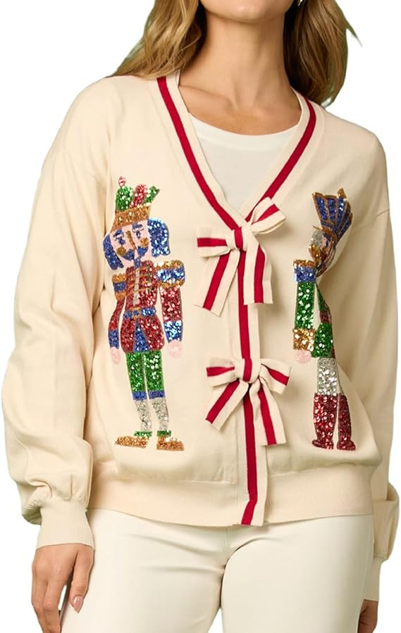 Women Christmas Button Down Sweater Nutcracker Open Front Cardigan Sparkly Sequin Ugly Xmas Graph... | Amazon (US)