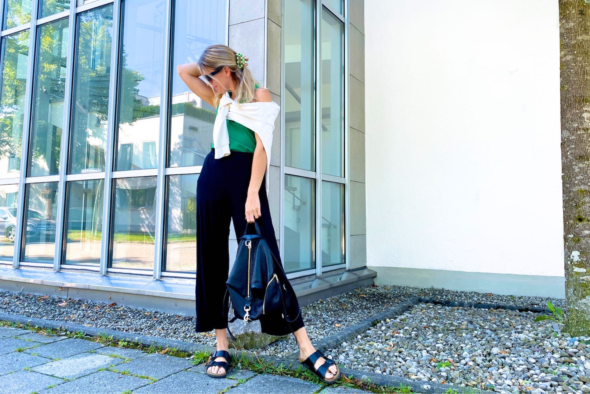 Casual Look. Fashion Blogger Girl by Style Blog Heartfelt Hunt. Girl with blond hair wearing a green dress as a top, black pants, white sweatshirt, black slim sunglasses, check-board pattern hair clip, Rebecca Minkoff backpack and Birkenstock sandals. #colorfuloutfit #colorfulstyle #colorfulfashion#colorfullooks  #fashionfun #cutesummeroutfit #summerfashion2022 #summerlookbook  #fitcheck #dailylooks #dailylookbook

#LTKSeasonal
