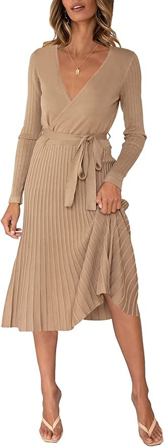 Pink Queen Women's Wrap Sweater Dress V Neck Long Sleeve Ribbed Swing Knit Midi Dresses with Belt | Amazon (US)