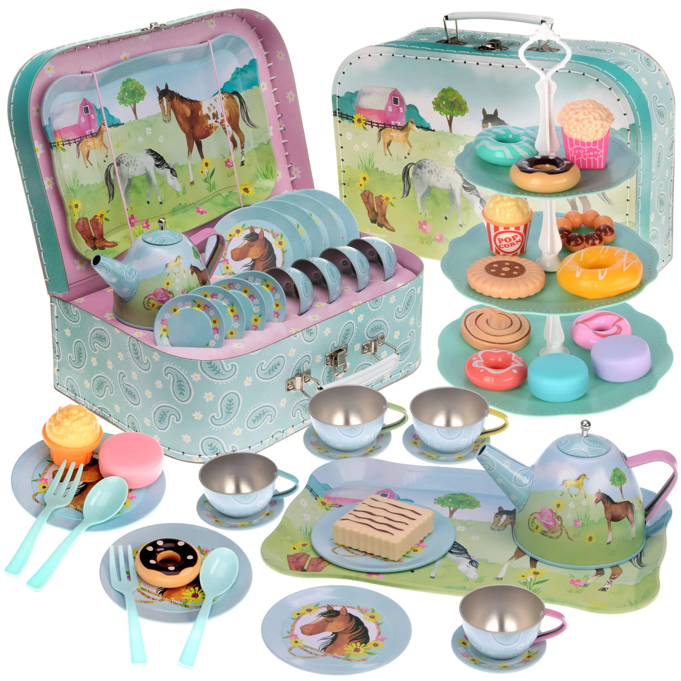 Jewelkeeper 42 Piece Tea Party Set for Little Girls Gift Pretend Kids Toy Tin Tea Set + Food & Ca... | Walmart (US)