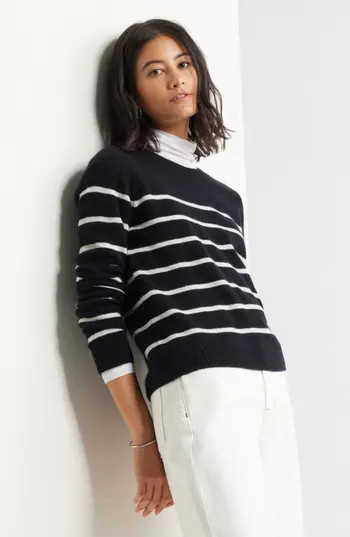 Caslon® Cashmere Crewneck Sweater in Black- Ivory Stacy Stripe at Nordstrom Rack, Size Medium | Nordstrom Rack