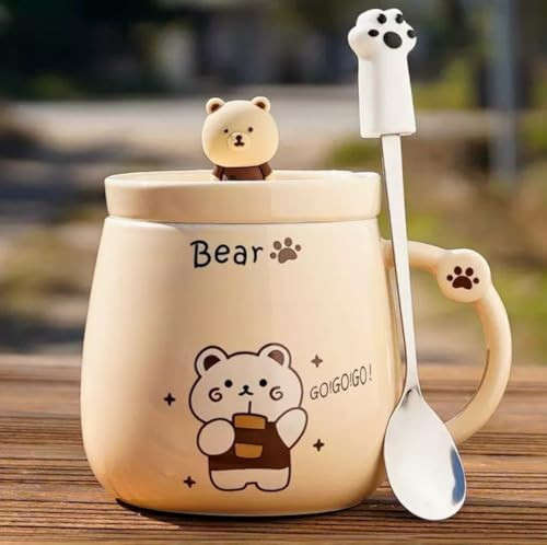 NQQNQQ Bear/Beige 400ML Ceramic Coffee Mug with Lid and Claw Spoon, Cute Bear-Themed Mug for Tea & Coffee for Holidays and Celebrations | Amazon (US)