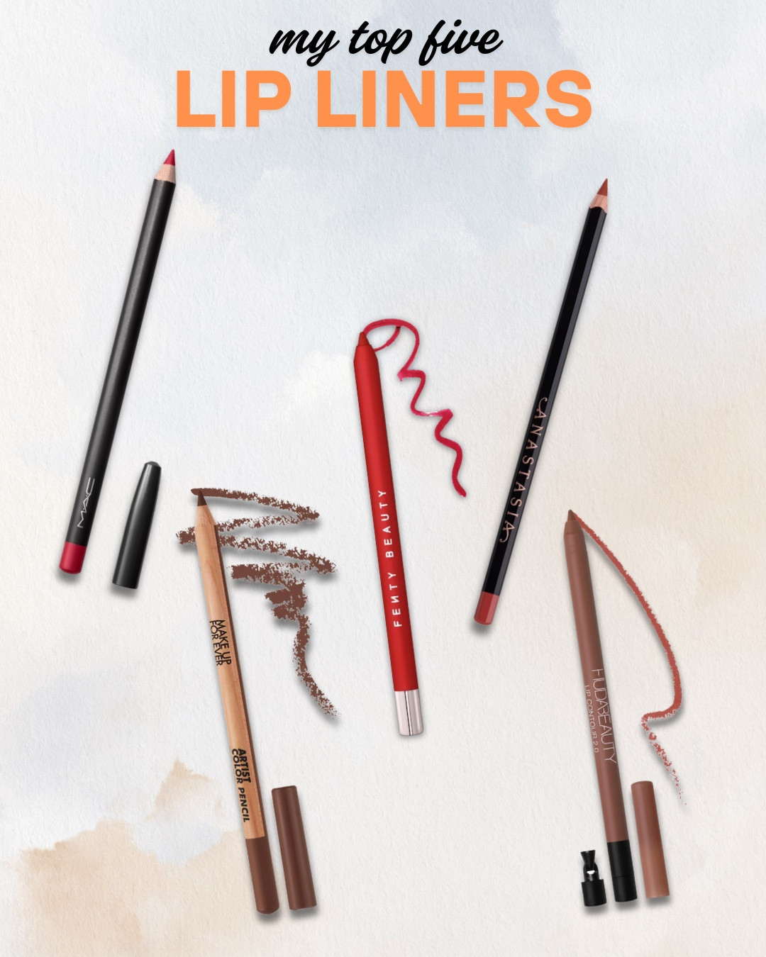 These are my top 5 lip liners for sculpting, defining, and making every lip combo pop.

MAC Cosmetics Lip Pencils – A classic for a reason. Smooth, pigmented, and perfect for every shade of nude or bold lip.

Anastasia Beverly Hills Lip Liner – Creamy with serious staying power. Sharp lines and soft blending all in one.

Huda Beauty Lip Contour 2.0 – Ultra-pigmented, twist-up, and long-wearing. Glides on effortlessly and doesn’t budge.

Make Up For Ever Artist Color Pencil – Multi-use and creamy with a matte finish. Great for lining, filling, and even layering.

Fenty Beauty Traced Out Long-Wear Waterproof Pencil Lip Liner – Waterproof, bold, and precise. Glides on smooth and stays in place all day.

#Top5LipLiners #DefinedLips #LipContourGoals #SmoothApplication #LipLinerStaples #LTKMakeup #LTKBeauty

#LTKBeauty