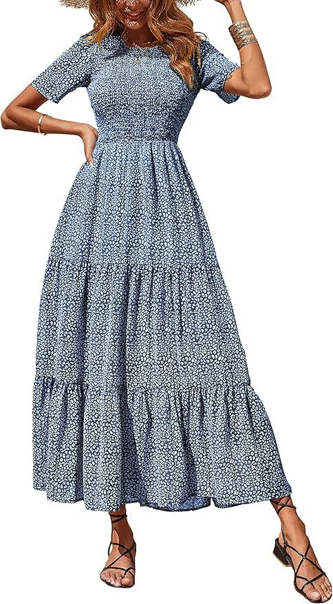 BTFBM Women Casual Short Sleeve V Neck Summer Dresses Floral Print Button Down Midi Dress Loose B... | Amazon (US)