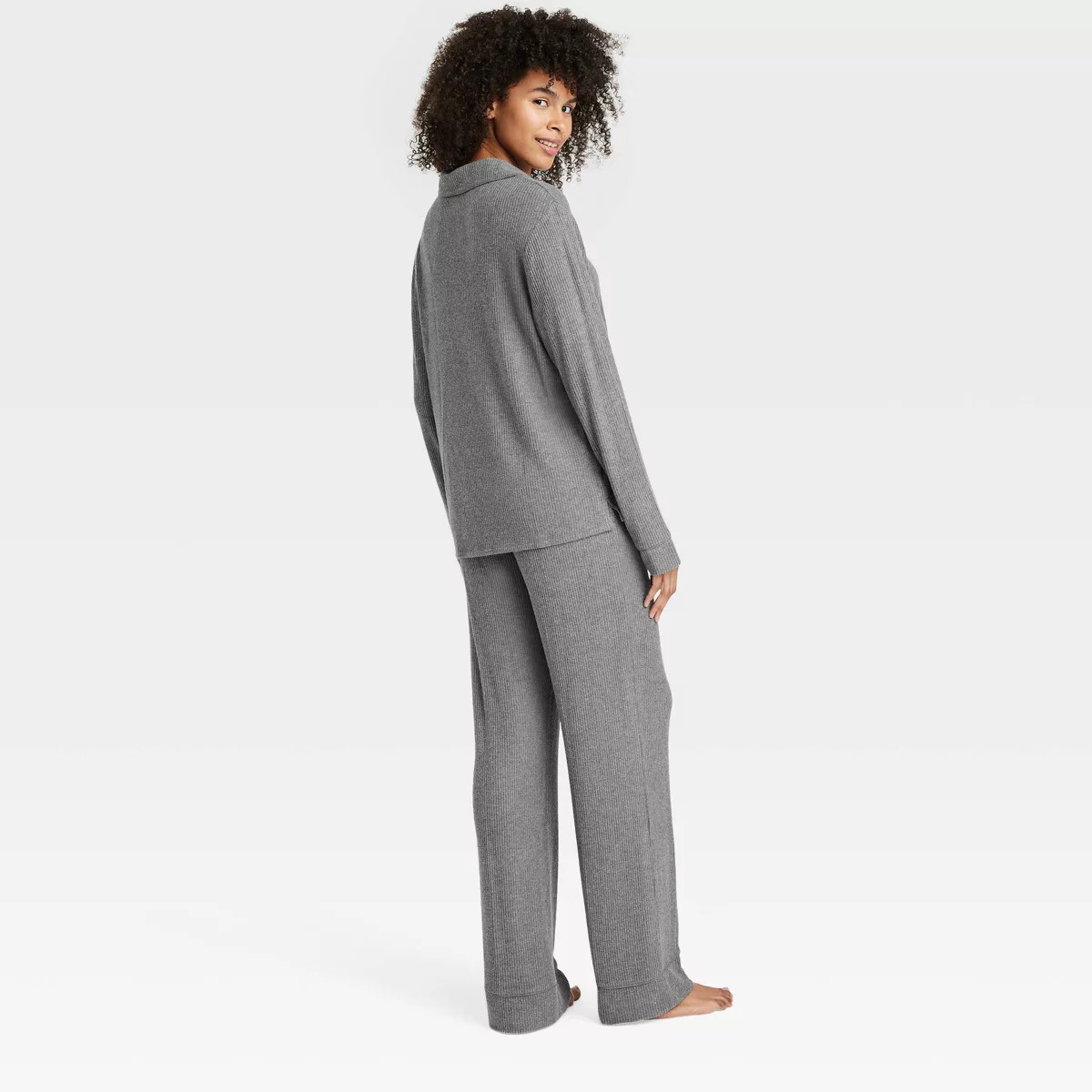 Women's Cozy Ribbed Long Sleeve Notch Collar Shirt and Pants Pajama Set - Auden™ | Target