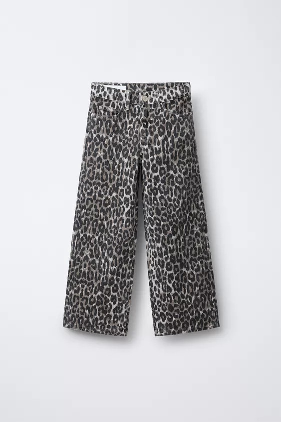 ANIMAL PRINT WIDE LEG DENIM PANTS | Zara US