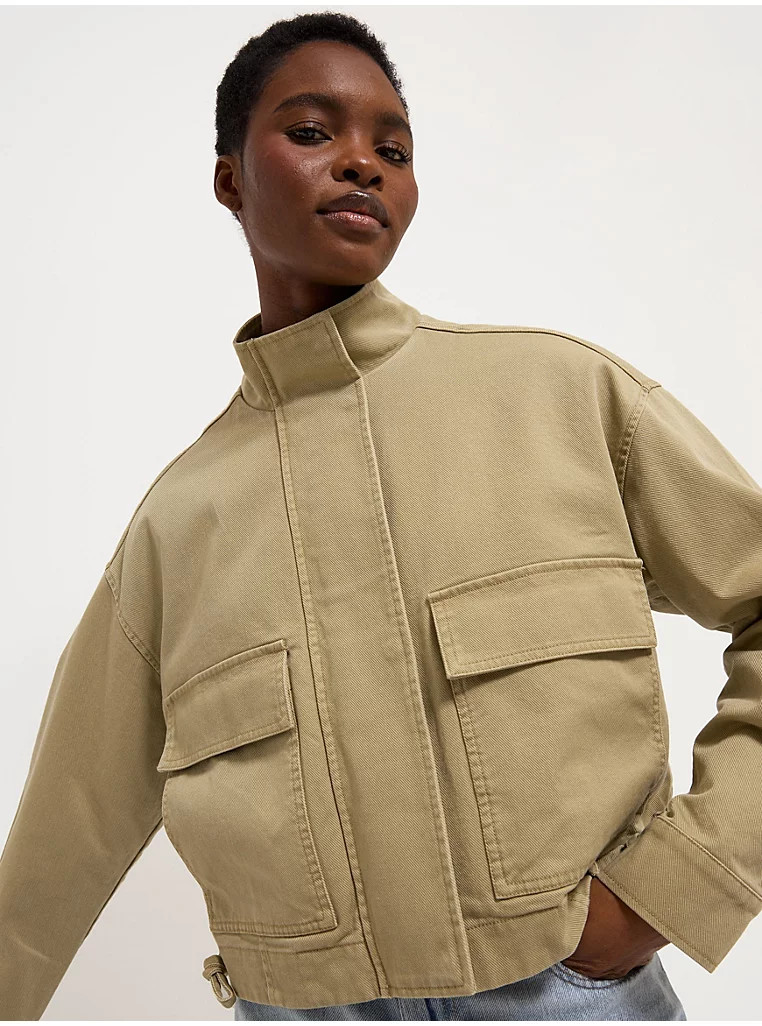 Khaki Zip Through Boxy Funnel Neck Jacket | George